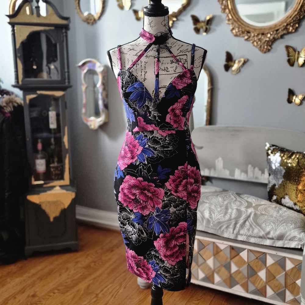 Charlotte Russe Barbiecore Black and Pink Floral Midi Dress Medium
